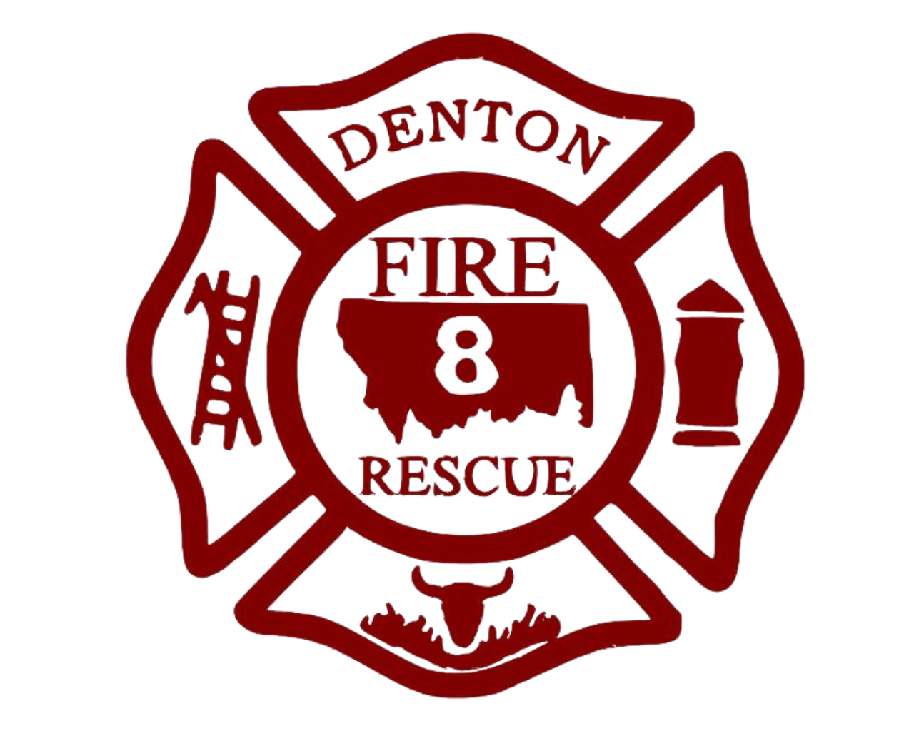 Red-and-white Denton Fire Rescue badge with “FIRE” and “8” plus fire, EMS/medical, and equipment icons.